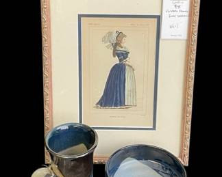 Vintage Framed Book Engraving * Signed Pottery Bowl/Mug