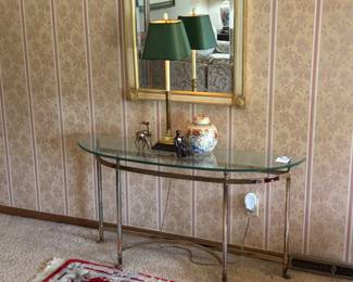 Brass Console Table, Decorative Rug, Gold Framed Mirror