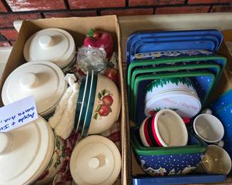 Box Lots - Apple Ivy Ceramic Canisters, Bowl Set, Apple Items. "Temptations" Casseroles with plastic covers and matching trivets