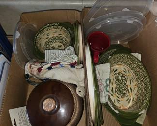 Temptations casseroles with under liners and plastic covers. Vintage Dripware Bean Pot.