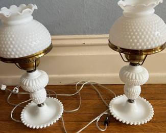 Hurricane Hobnail Milk Glass Lamps