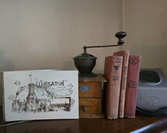 WHEATON AND ITS HOME, BOOK , COFFEE GRINDER, GABANTIENTE WARE, VINTAGE BOOKS, SLIDE VIEWER, BRUMBERGER