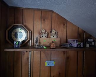 VINTAGE CLOCK, SNOWMEN, ICE CREAM TRUCK TIN, WICKER BASKET