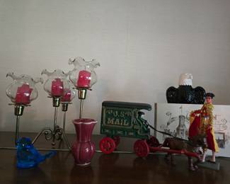 CANDELABRA, VINTAGE CAST IRON HORSE AND BUGGY, US MAIL, VINTAGE MCM McCOY STYLE VASE, SPANISH MATADOR, BLUE BIRD OF HAPPINESS AND SIGNED