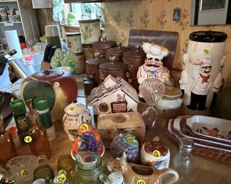 Vintage cookie jars, canister sets, owl 70's clock creamers just a few of many
