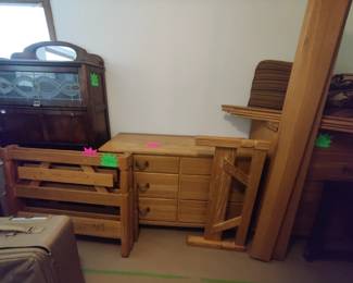 SOUTHWEST BEDROOM SEST WITH HORSE SHOE HANDLES $80 DRESSER, $80 CHEST OF DRAWERS, TWO TWIN BEDS $50 EACH....ANTIQUE LAYERS CASE WITH STAINGLASS FRONT $150