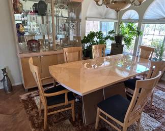 Italian Lacquered Wood Contemporary Dining Room Furniture: 6 Person Dining Table with Extension, China Cabinet, and Buffet.