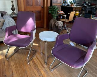 Fantastic two of a kind purple leather and white molded resin with chrome base chairs