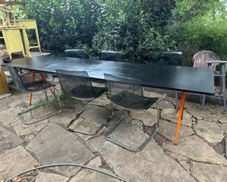 Rare MCM style Black with powder coated Orange metal base. design in reach Hay 119" conference dining table
Also have birch table tops and orange on orange table available