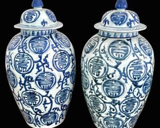Large Chinese Porcelain Blue White Covered Jars, Shou Longevity Motif
