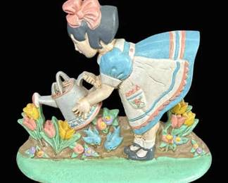 Vintage Cast Iron Doorstop, Girl Watering Flower Garden