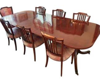 Wooden Double Pedestal Dining Table w Leaf Extensions 8 Chairs