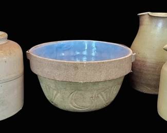 Antique Stoneware Crocks, Pitcher, Large Bucket Bowl