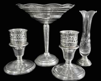 Weighted Sterling Candy Dish, Small Vase, And Two Candle Stick Holders