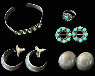 Small Sterling Silver Turquoise Cuff Bracelet, Ring, Pins, and Sterling Earrings 26.90g Total