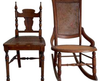 2 Antique Wooden Chairs 1 Wood Rattan Rocker