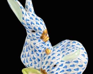 Herend Hand Painted Porcelain Blue Pair Of Rabbits Figurine