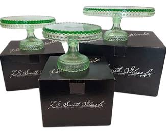 Three L.E. Smith Green Hobnail Cake Plates w Original Boxes