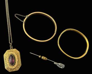 10k Gold Necklace, Pin, Two GoldFilled Bracelets