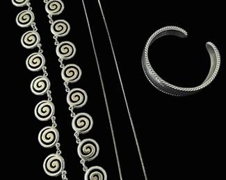 Sterling Silver Spiral Necklace, Chain, Mexican Cuff Bracelet 65.95g Total