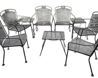 Six Black Metal Chairs 3 Side Tables