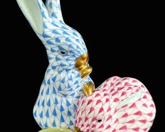 Herend Hand Painted Porcelain Pair Of Rabbits Figurine