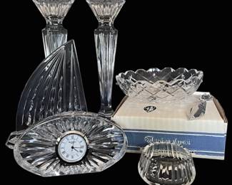 Waterford Crystal Candlestick Holders, Sailboat Paperweight, Desk Clock, More