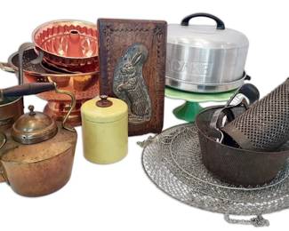 Vintage Kitchen Goods Jadeite Cake Stand, Copper Molds, Aluminum Canister More