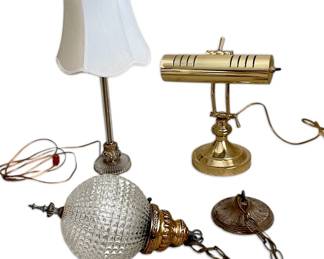 Three Brass Lights One Mini Antique Pedant, One Desk Lamp, One Vanity Lamp