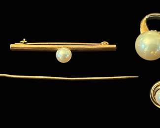 14k Gold and Pearl Earrings, Ring, Pins 11.57g Total