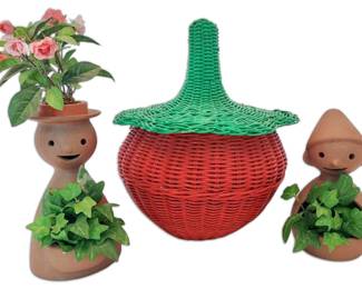 Strawberry Lidded Wicker Basket Handcrafted Stoneware Gnome Planters