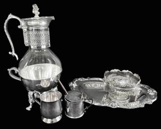 Vintage And Antique Silver Toned And Silver Plated Carafe, Serving Dish, Flower Frog, And More