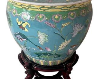 Vintage Asian Planter w Lotus Koi Fish Design