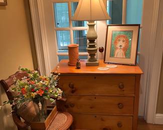Pine chest of drawers, lamp, decorative items