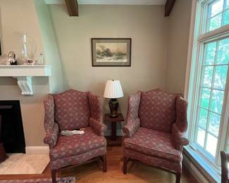 Pair of Wing Back Chairs, plant stand, lamp
