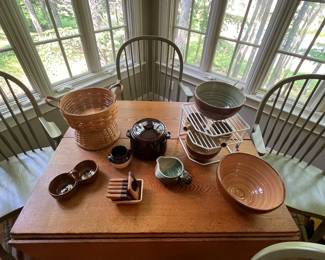 Drop leaf table, sage green bentwood chairs, pottery