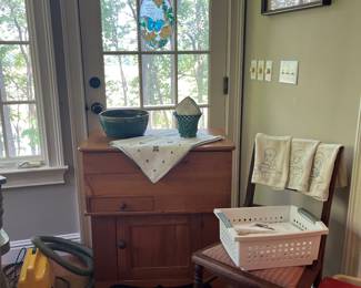 Pine blanket chest, pottery, vintage linens