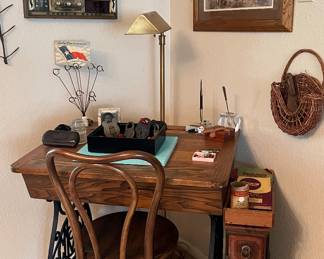 Vintage Oak and Cast Iron School Desk with inkwell covers (Adult-sized)
Art: Windberg 1970