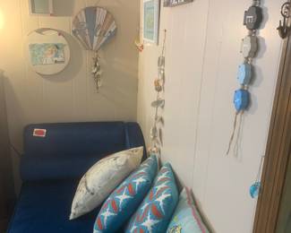 Blue velvet chaise, gorgeous wall art variety
