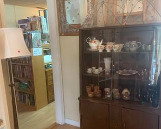 Vintage mirror, mid-century, China cabinet, very cool pottery and glass