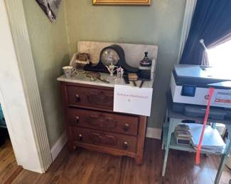 Antique marble top wash stand. Women’s hairbrush and mirror set.