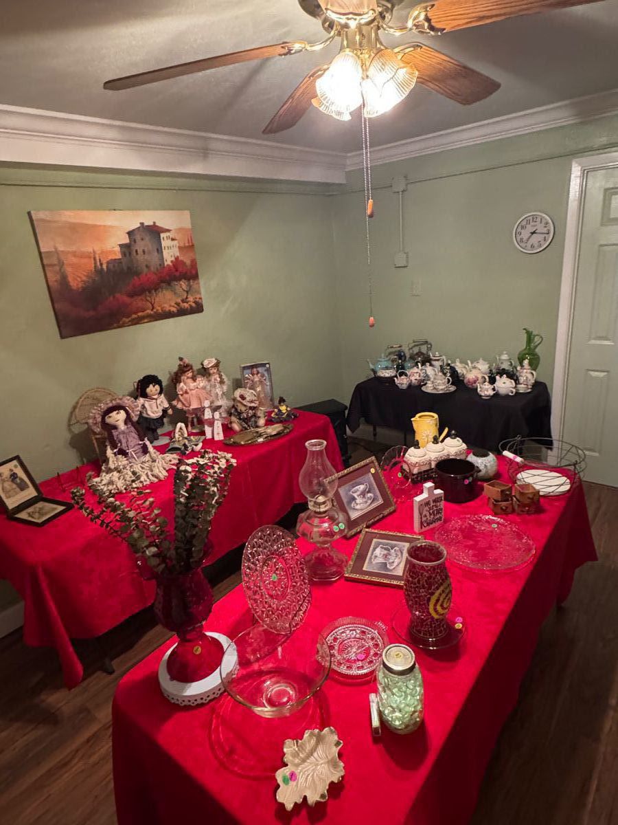 Many collectibles glass and crystal wear as well as vintage tea pots.