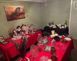 Many collectibles glass and crystal wear as well as vintage tea pots.