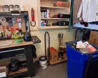 garage tool bench, tools, supplies, log holder,