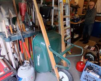 ladder, rakes, shovels, wheelbarrow, etc.