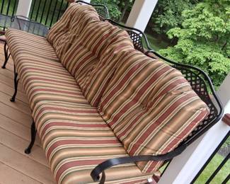 cast aluminum sofa, chairs, ottoman, table, umbrellas