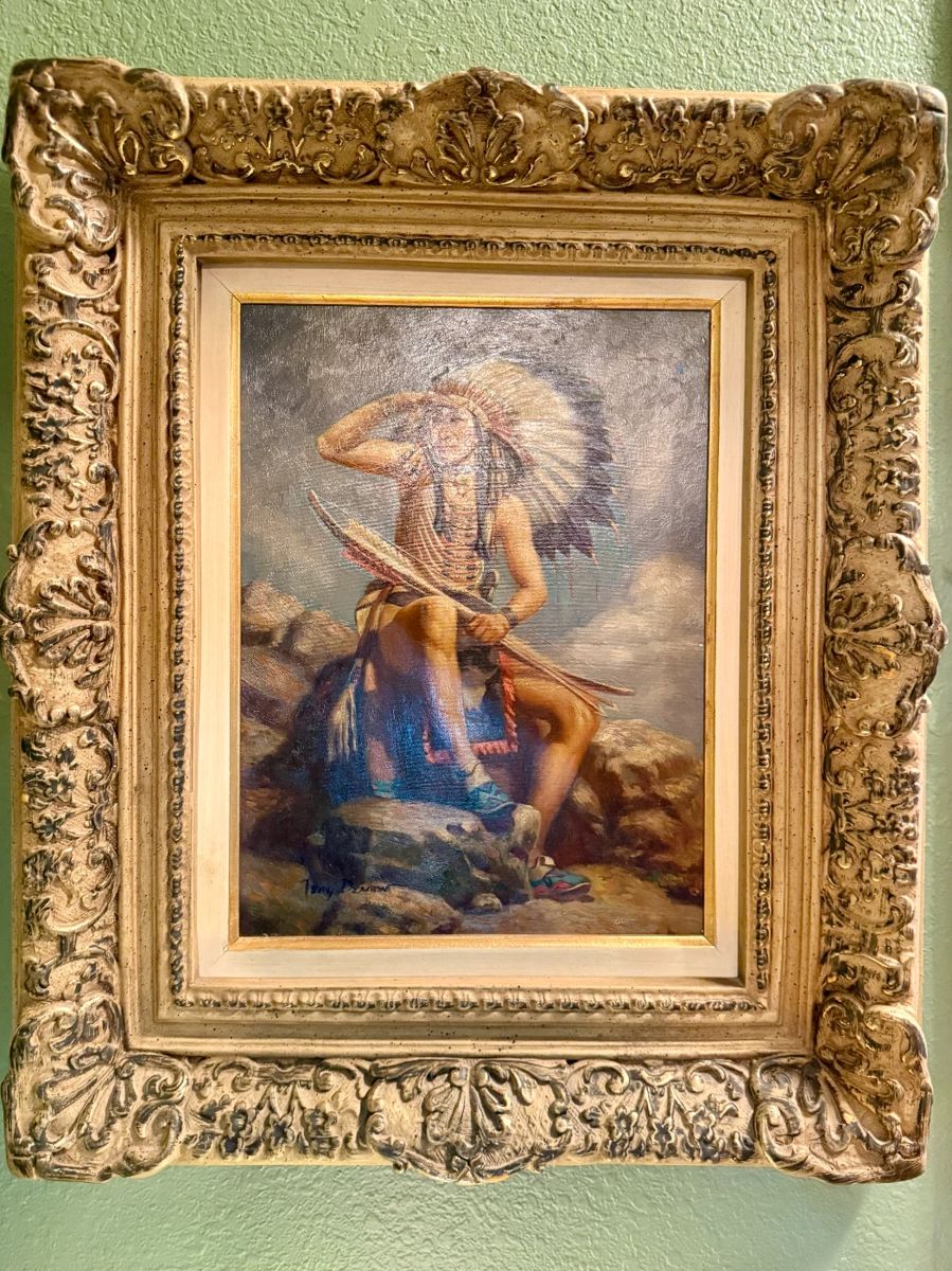 Original oil painting of Native American Indian Scout by Troy Denton in a gilded wood frame