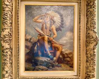 Original oil painting of Native American Indian Scout by Troy Denton in a gilded wood frame