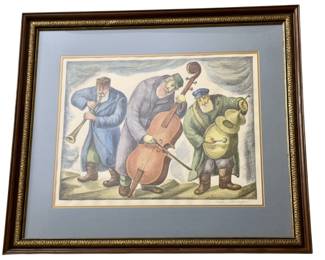 “Trio, Jewish Musicians” by Israeli artist Chaim Goldberg, circa 1970, Rare Lithograph Signed in Pencil and Marked as Artist Proof. 32” x 37”Judaica