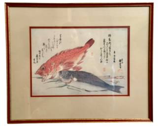 Rare Pair of Ukiyo-e Japanese woodblock Prints by artist Utagawa Hiroshige (Ando Hiroshige) from the series “Uozukushi.”
Featured is the print “Kurodai & Kodai Fish with Bamboo Shoots and Berries.”